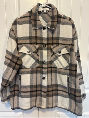 Workshop Republic Clothing Plaid Button-Up Shacket in Cream, Brown & Gray